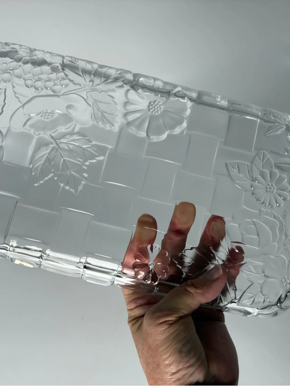 Gorgeous Clear Glass Snow Flower and Basket-Weave Rectangular Tray